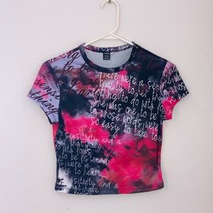 SHEIN Pink Black Gray & White Slogan Graphic Tie Dye Croped Medium T-Shirt
